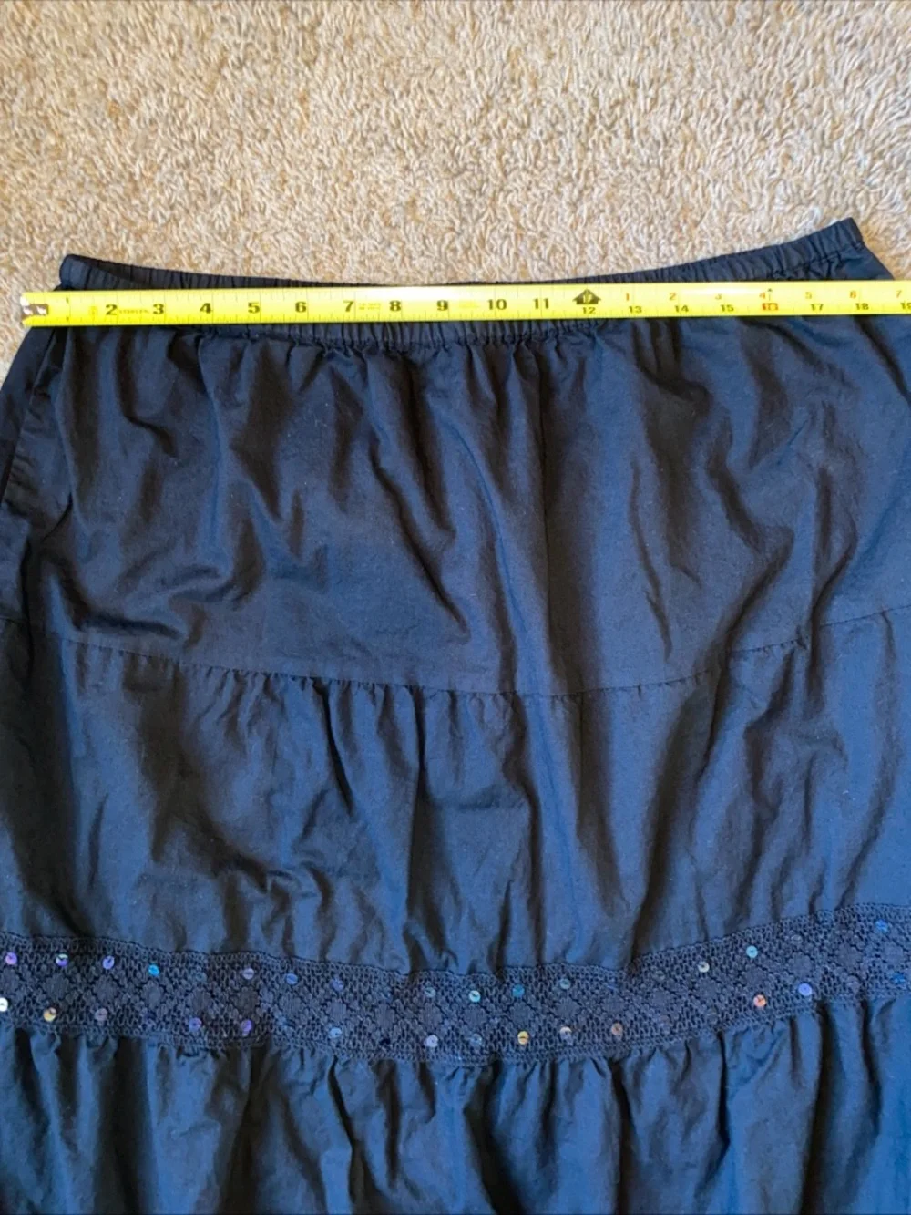 Vtg Faded Glory Sequin Tiered Maxi Skirt Sz 16 Black Broomstick Boho Festival